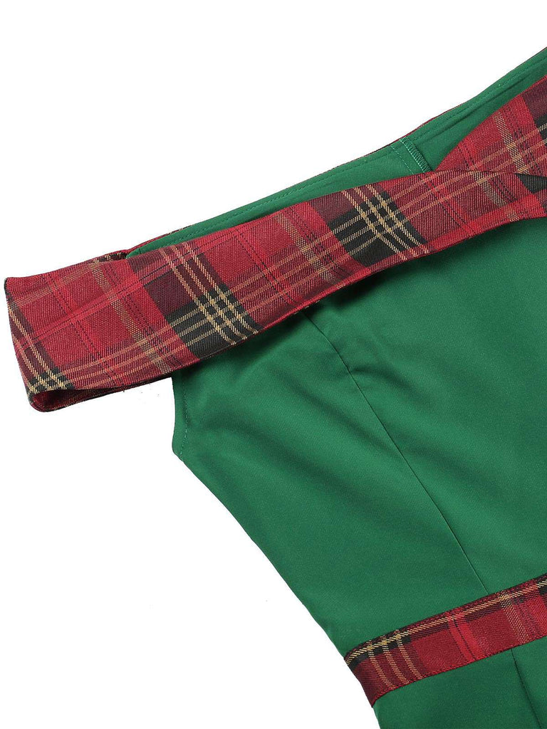 Robe patchwork à épaules dénudées en tartan vert des années 1960