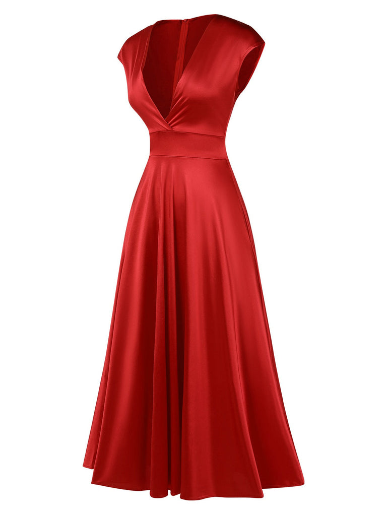 Robe en satin à col en V profond et couleur unie des années 1950