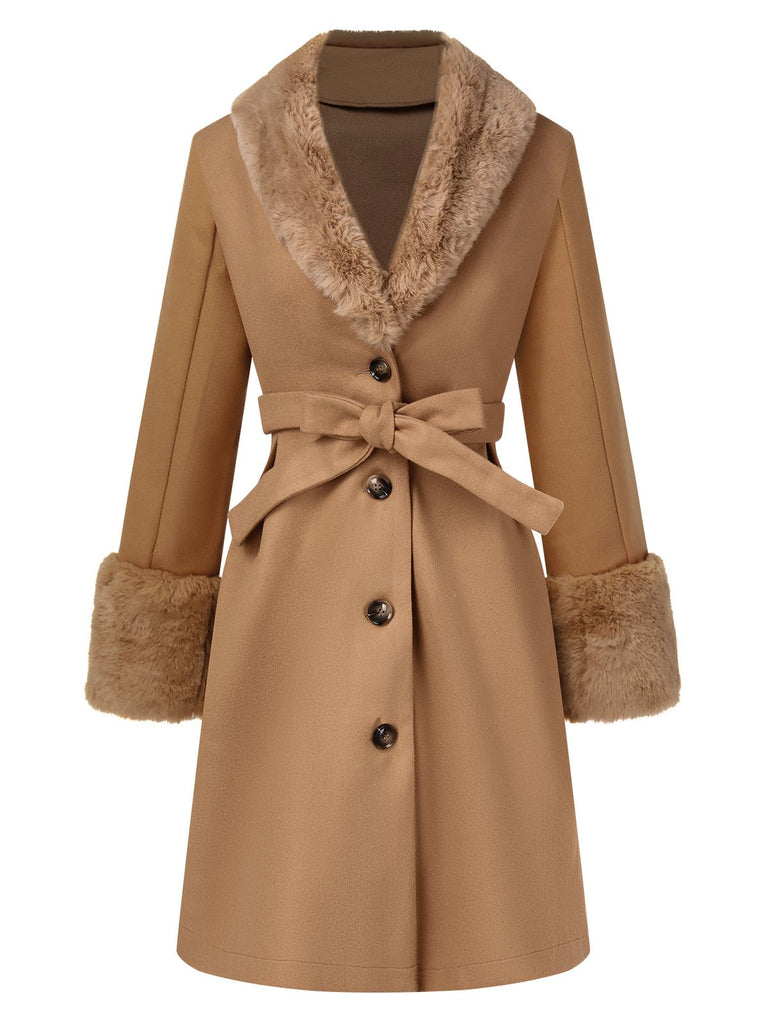 Manteau boutonné à col en fausse fourrure kaki des années 1950