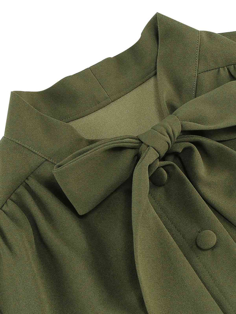 Robe trapèze boutonnée à col en nœud solide des années 1950