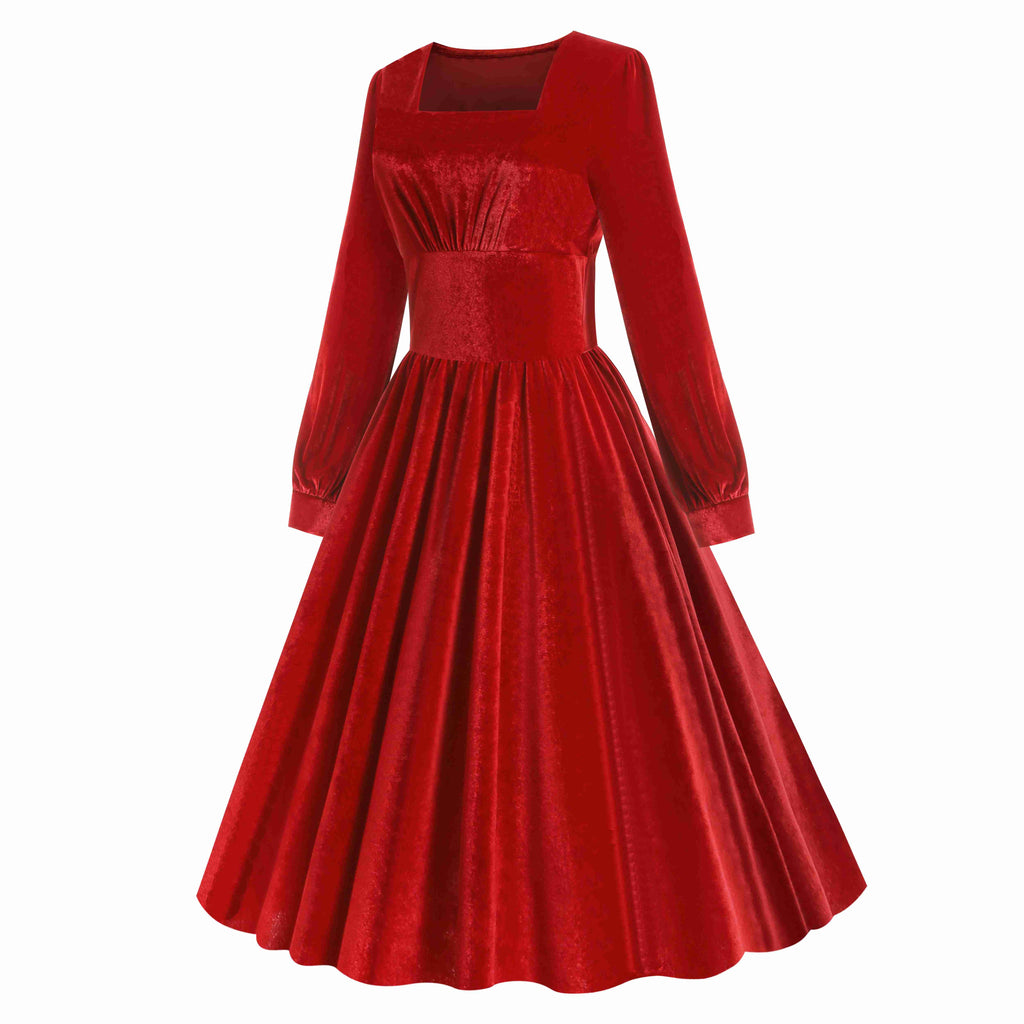 Robe en velours à col carré uni des années 1950