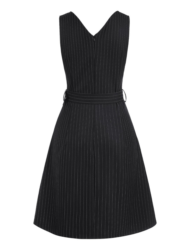 Robe noire à rayures fines col en V avec ceinture des années 1960