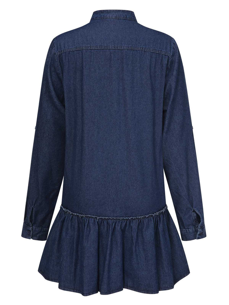 Robe en jean bleu foncé à col montant et ourlet à volants des années 40