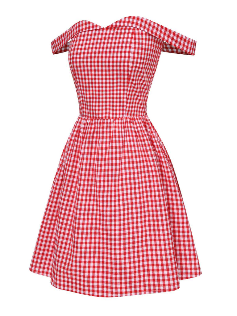 Robe trapèze rouge à carreaux et épaules dénudées des années 1950