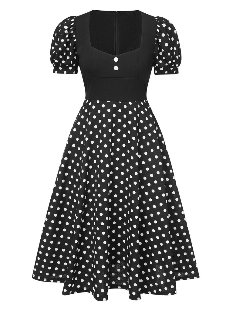 Robe patchwork noire à pois et col rond des années 40