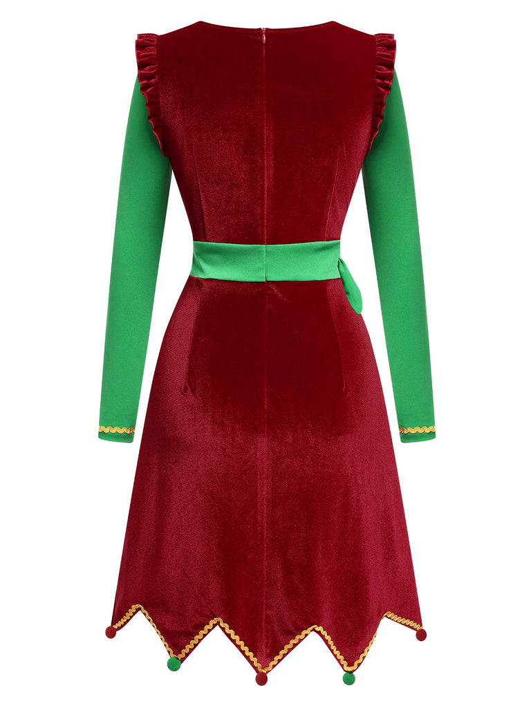 Robe rouge contrastée à ourlet ondulé de Noël des années 1960