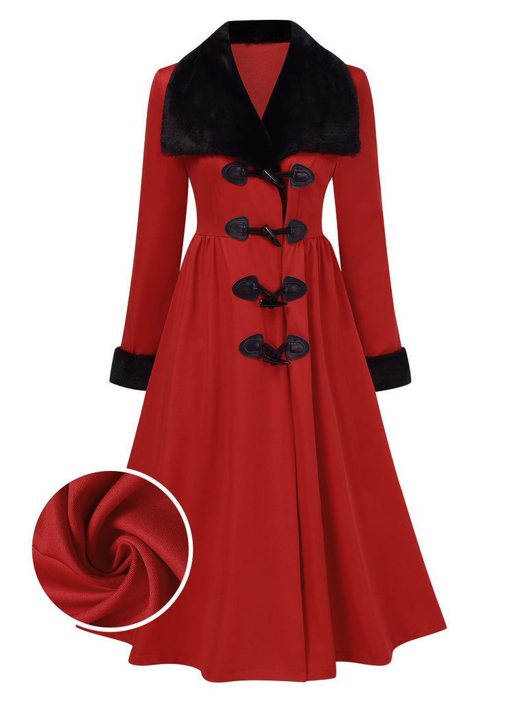 Manteau à col en fourrure rouge et noir des années 1950