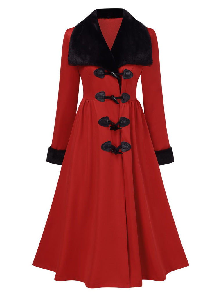 Manteau à col en fourrure rouge et noir des années 1950