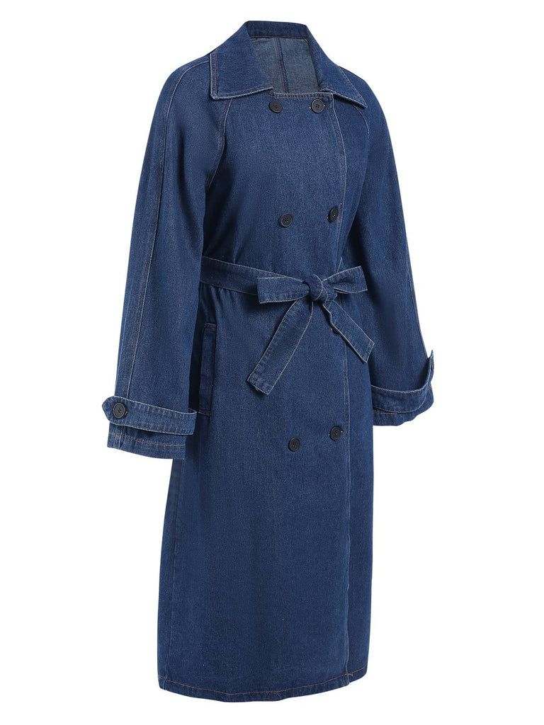 Manteau en jean bleu à revers croisé et ceinture des années 1950