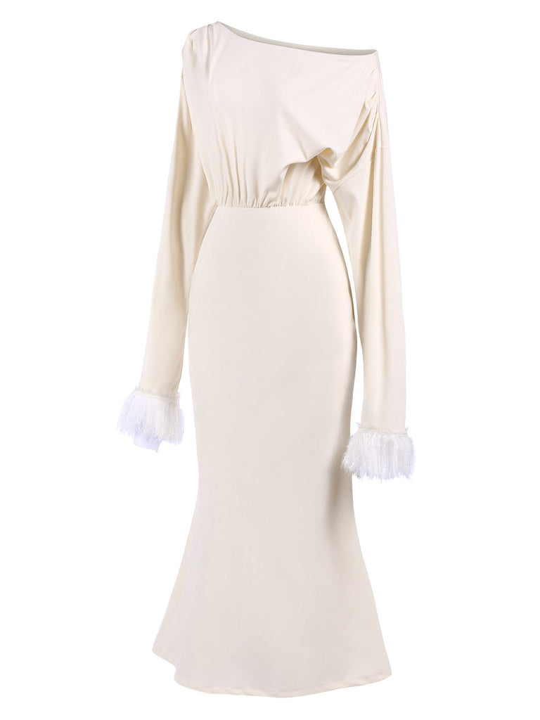 Robe sirène beige à revers en peluche unie des années 1930