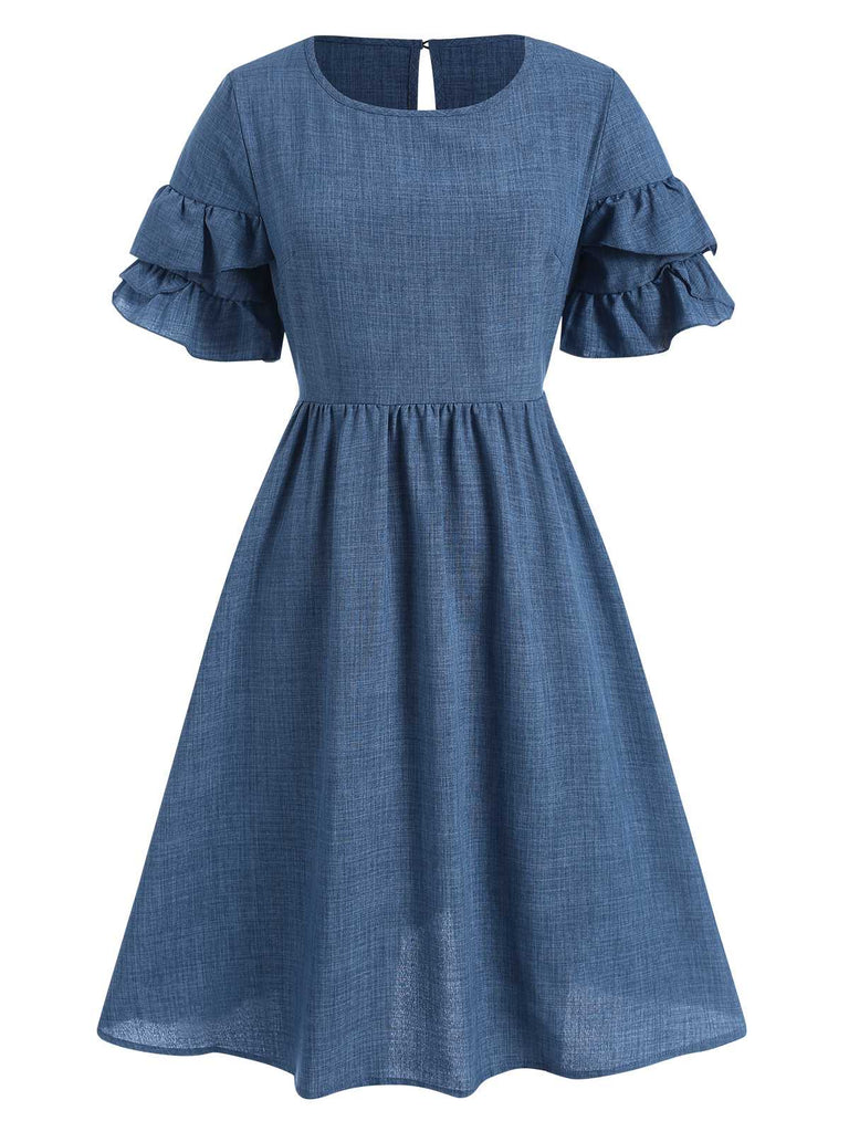 Robe trapèze bleue à volants superposés des années 40