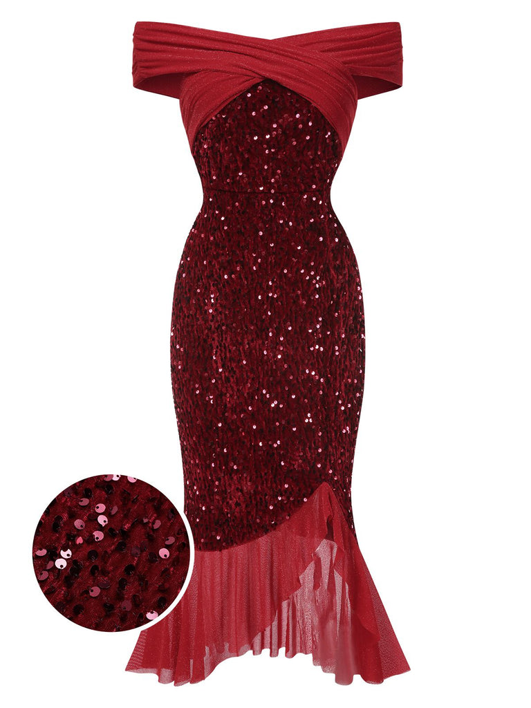 Robe rouge de sirène à épaules dénudées à paillettes des années 1930