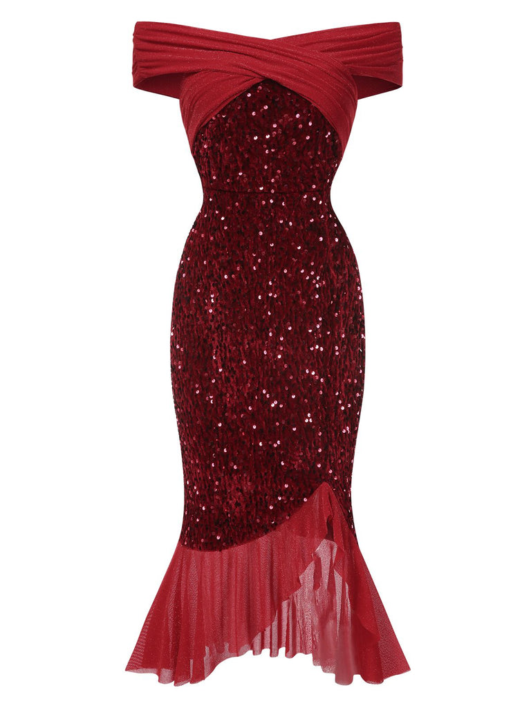 [Pré-vente] Robe rouge de sirène à épaules dénudées à paillettes des années 1930