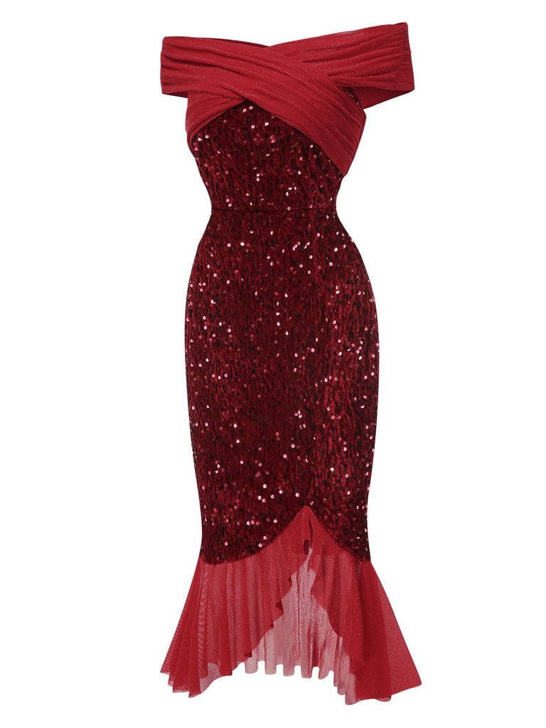 [Pré-vente] Robe rouge de sirène à épaules dénudées à paillettes des années 1930