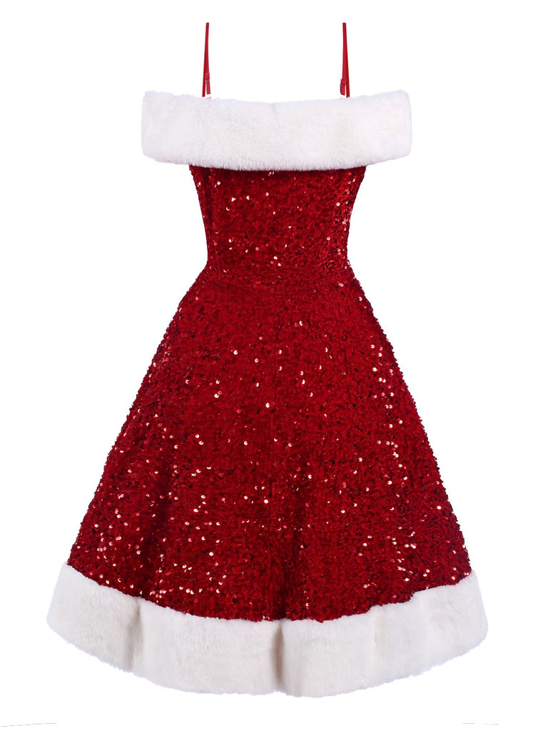 [Pré-vente] Robe rouge à paillettes épaules dénudées patchwork en peluche des années 1950