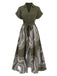 Robe verte à revers ceinturée avec anneaux d'arbres des années 1940