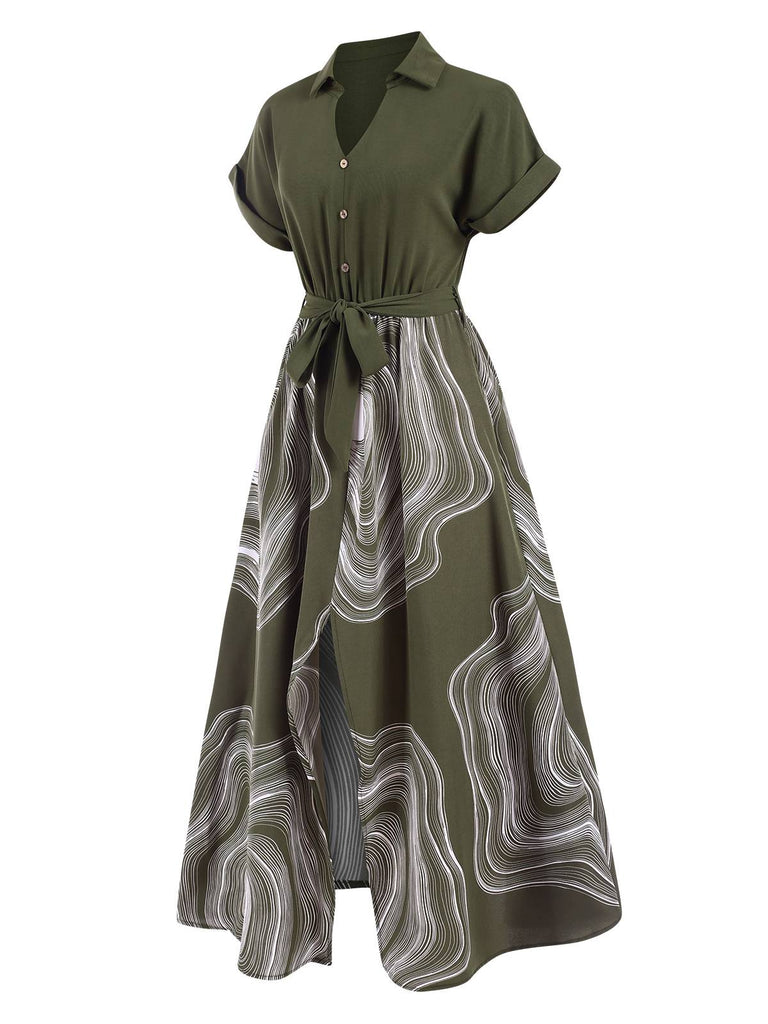 Robe verte à revers ceinturée avec anneaux d'arbres des années 1940