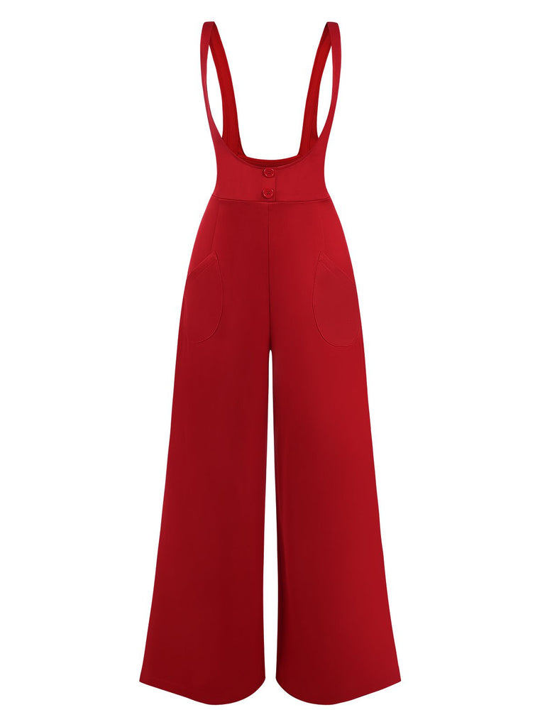 Pantalon à bretelles large rouge uni des années 1970