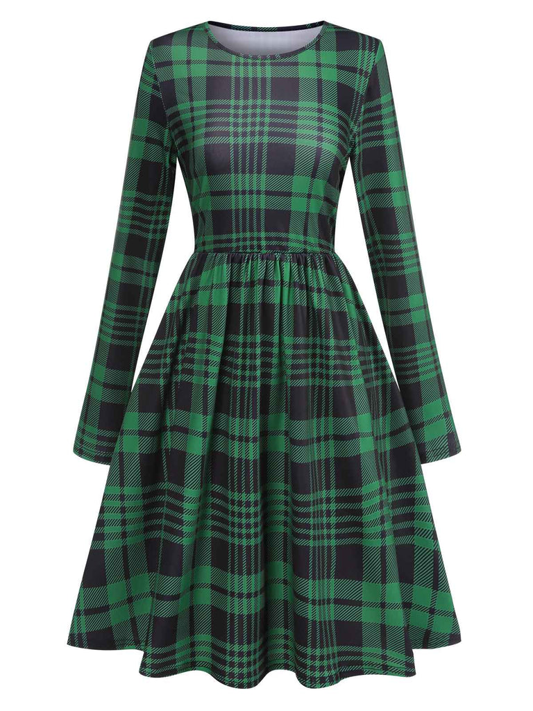 Robe verte à col ras du cou en tartan avec ceinture des années 40