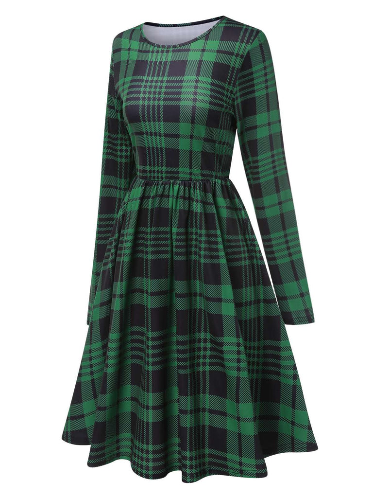 Robe verte à col ras du cou en tartan des années 40