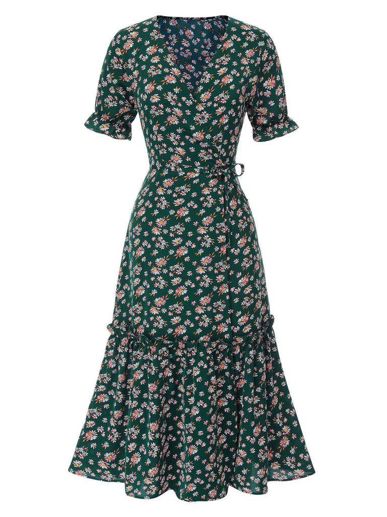 Robe ceinturée à col en V et surplis Marguerite des années 1930