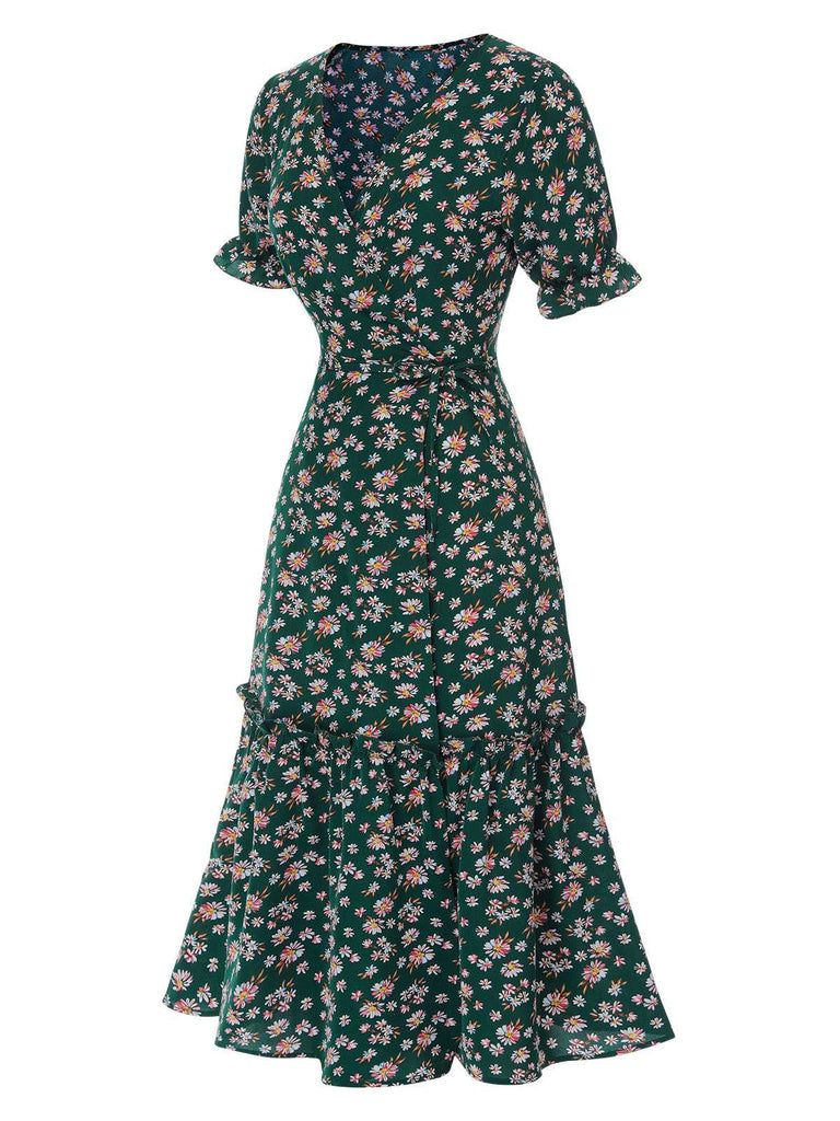 Robe ceinturée à col en V et surplis Marguerite des années 1930