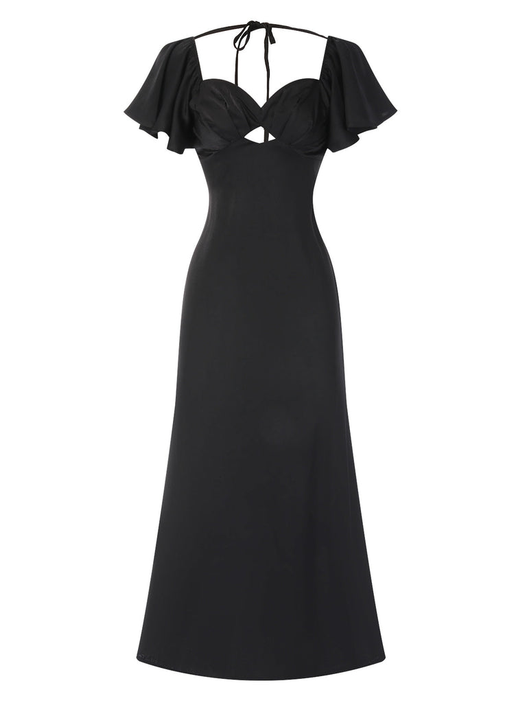 Robe noire à col en cœur ajouré des années 1970