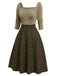 Robe à col carré beige à carreaux marron des années 1950