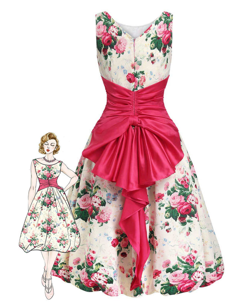 Robe fleurie antique multicolore avec nœud dans le dos des années 1950