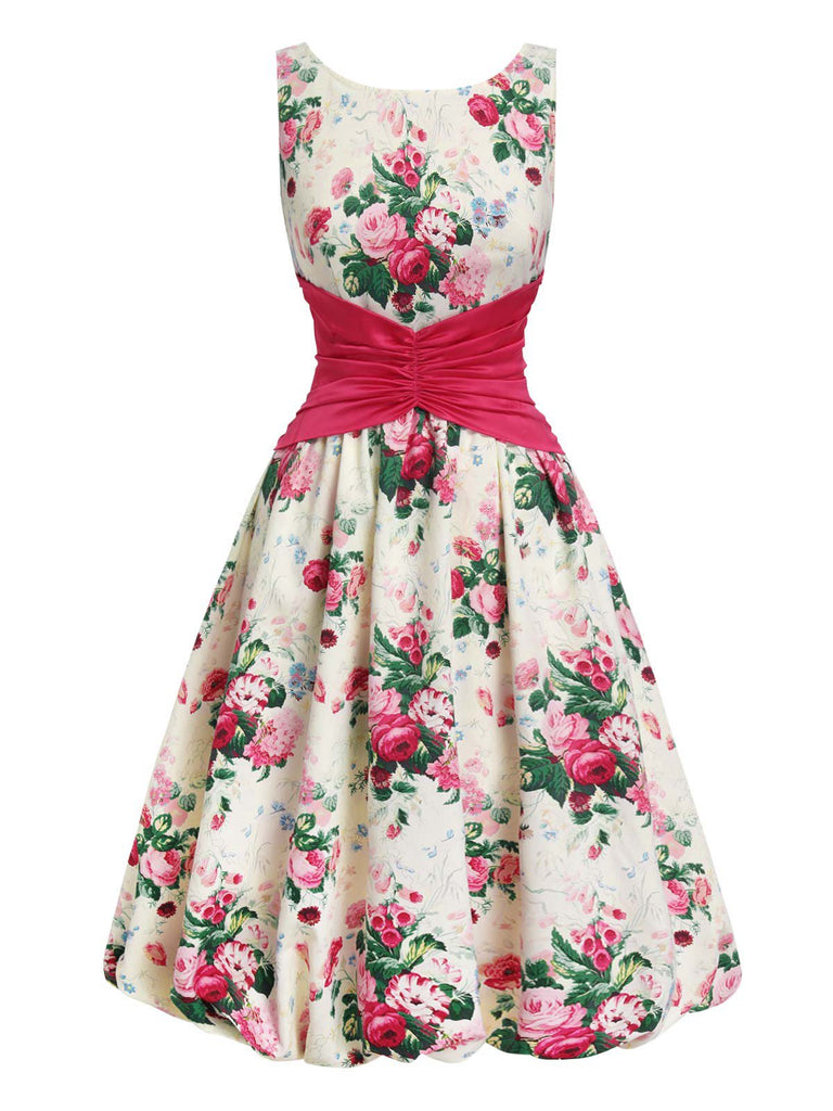 Robe fleurie antique multicolore avec nœud dans le dos des années 1950