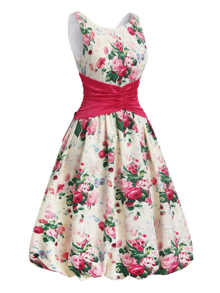 [Pré-vente] Robe fleurie antique multicolore avec nœud dans le dos des années 1950