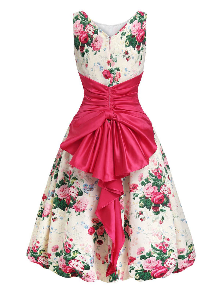 [Pré-vente] Robe fleurie antique multicolore avec nœud dans le dos des années 1950