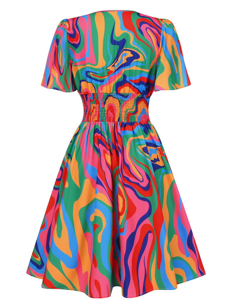 Robe à col en V à imprimé marbre multicolore des années 1970