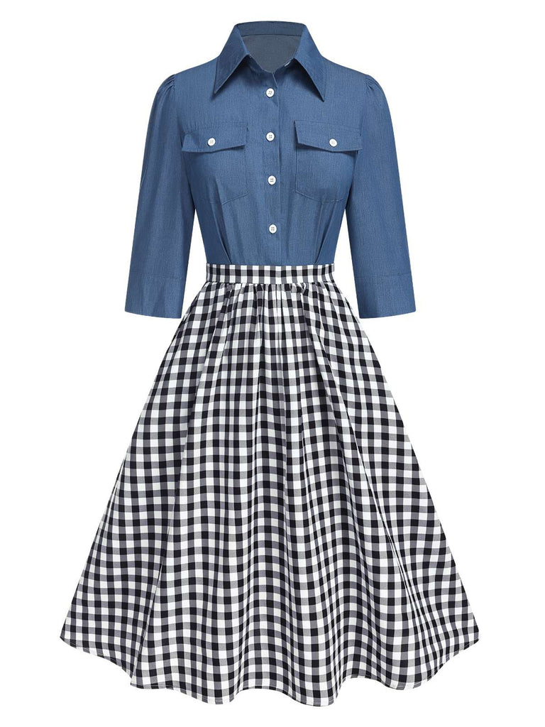 [Pré-vente] Robe à revers à carreaux vichy bleu des années 1950