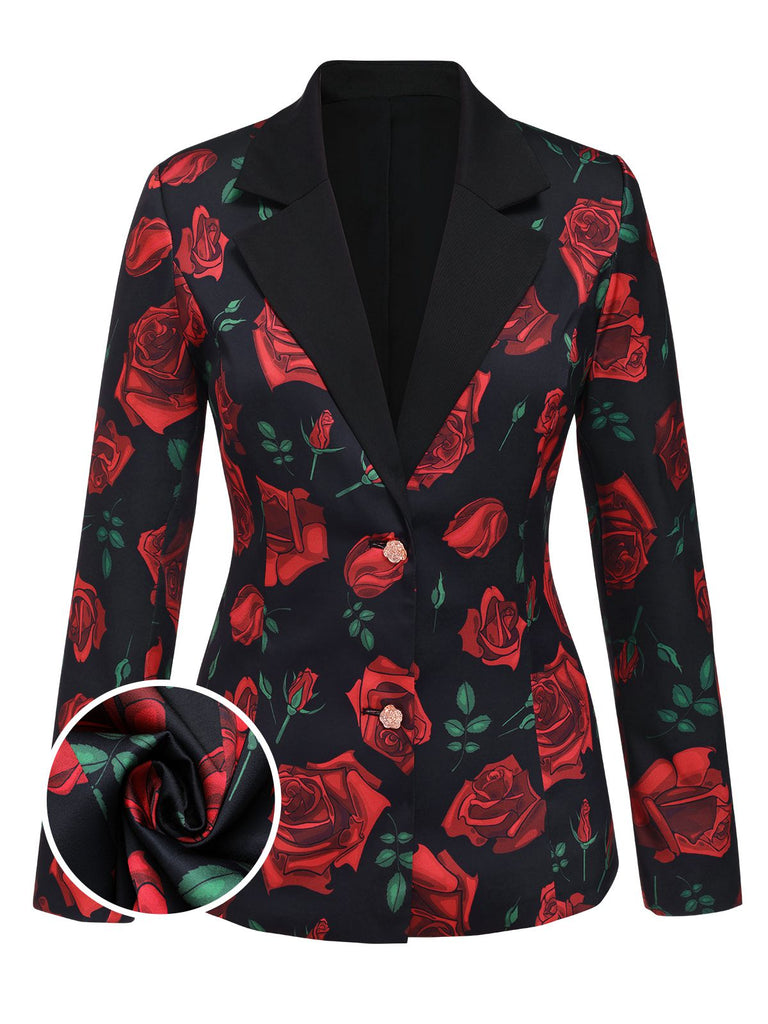 [Pré-vente] Blazer rouge à col cranté avec roses des années 40