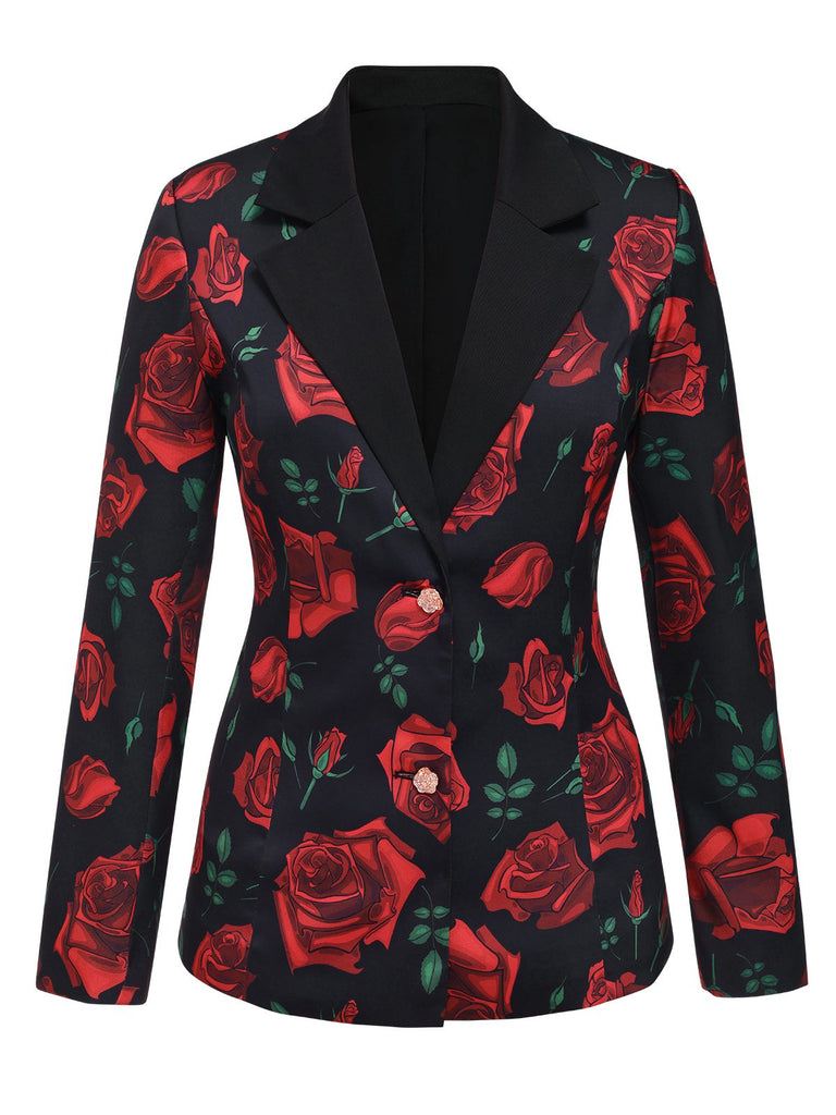 [Pré-vente] Blazer rouge à col cranté avec roses des années 40