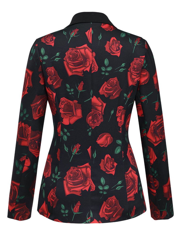 [Pré-vente] Blazer rouge à col cranté avec roses des années 40