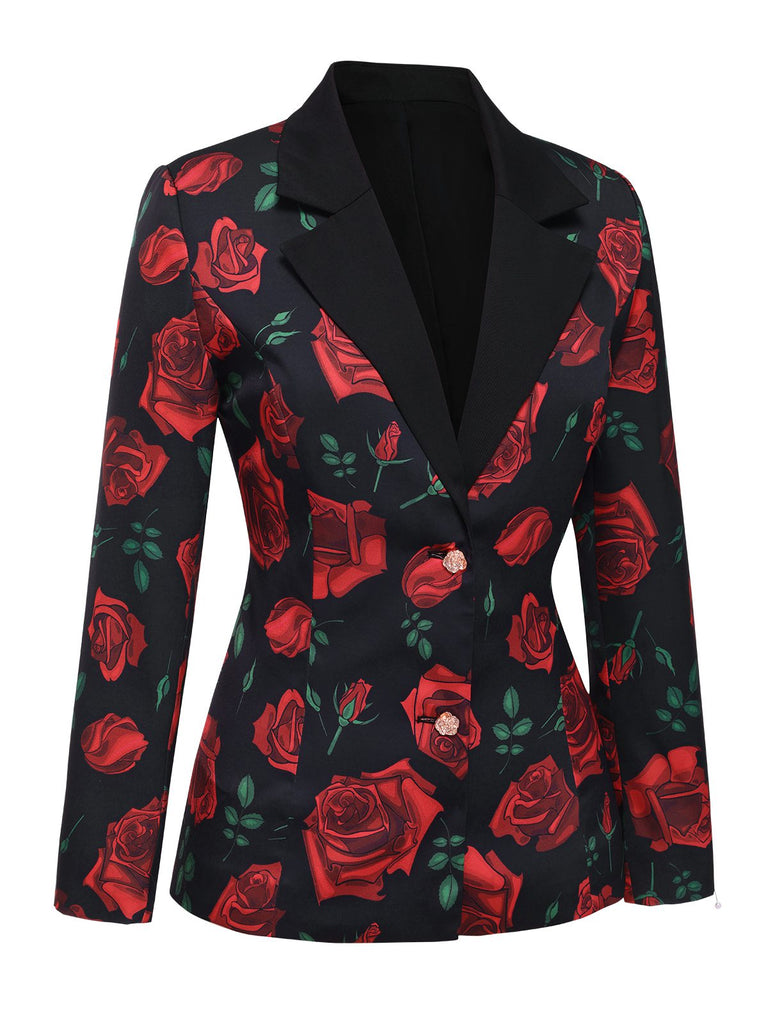 [Pré-vente] Blazer rouge à col cranté avec roses des années 40