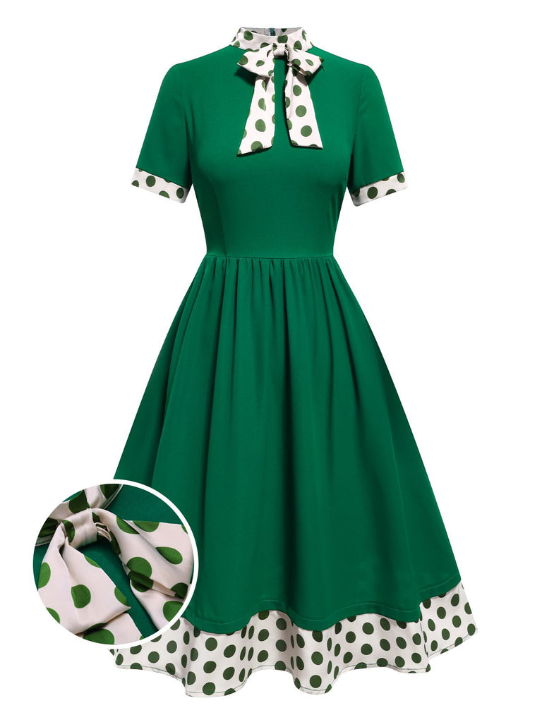 [Pré-vente] Robe verte à pois avec col noué des années 1950