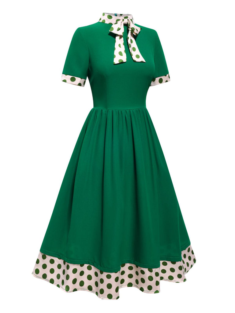 [Pré-vente] Robe verte à pois avec col noué des années 1950