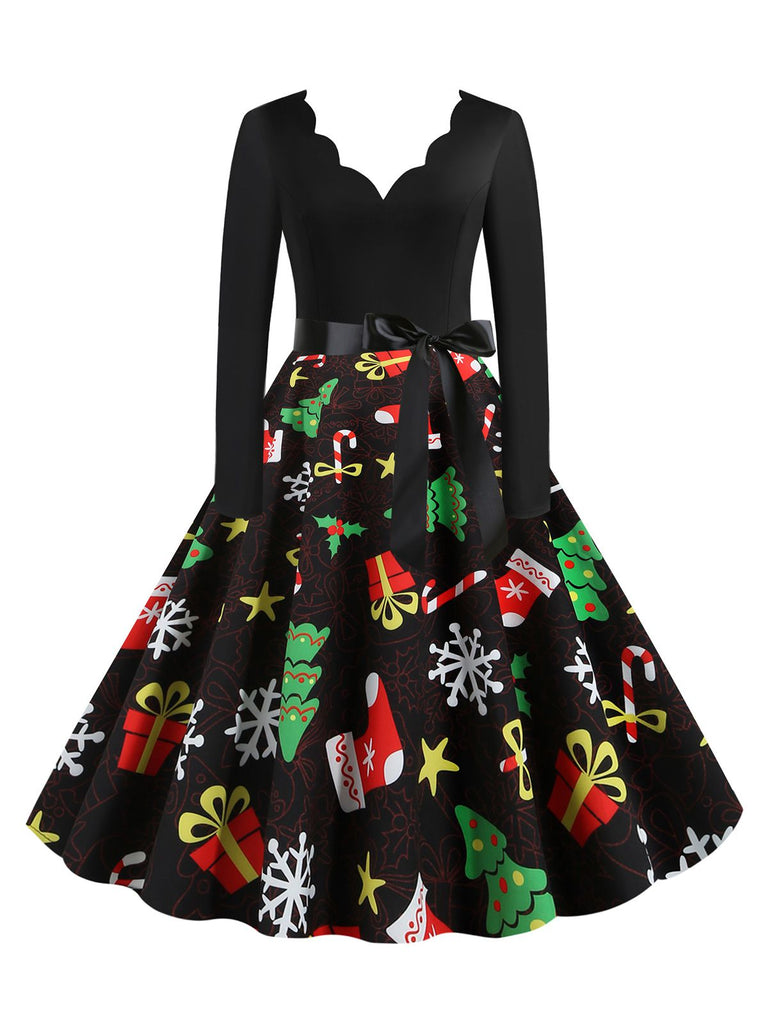 Robe noire ceinturée avec motif sapin de Noël des années 1950