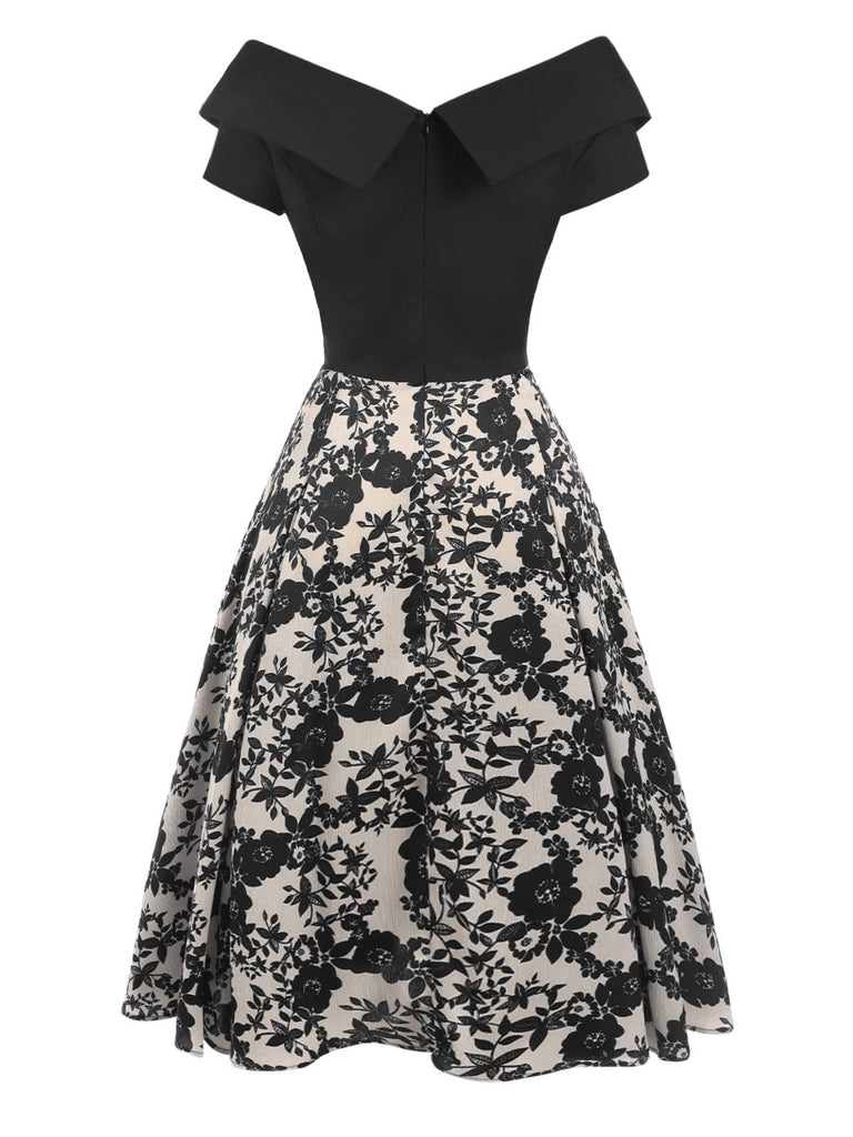 [Pré-vente] Robe noire à épaules dénudées à motif floral des années 1950