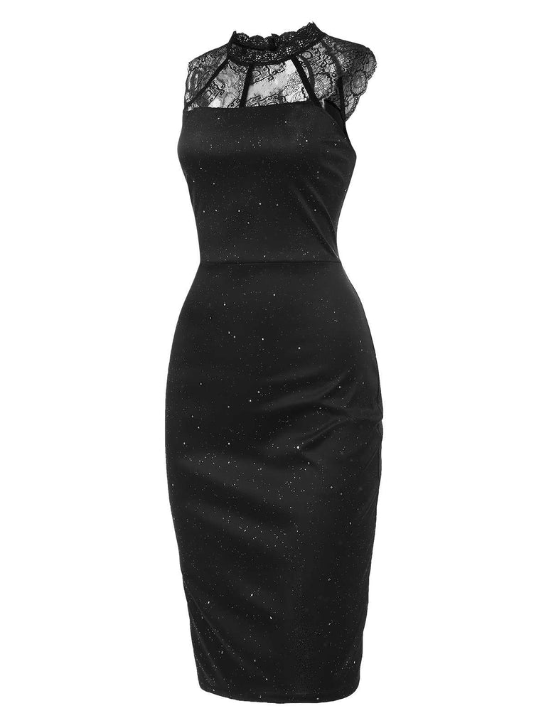 Robe moulante sans manches en dentelle noire des années 1960