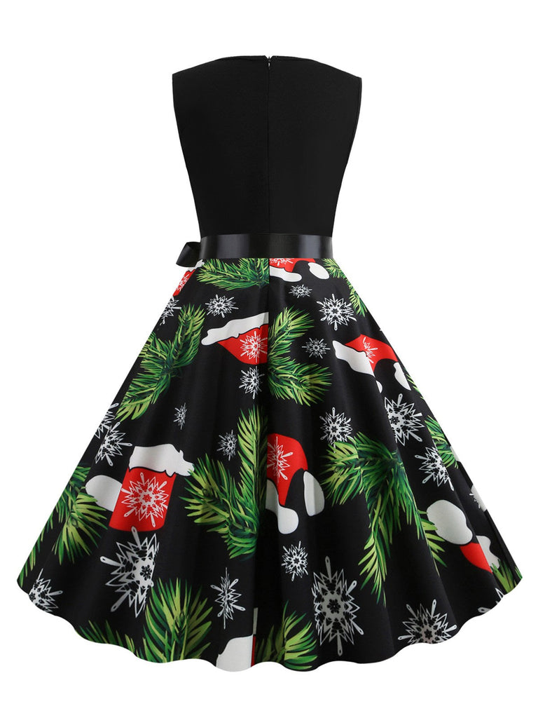 Robe trapèze à imprimé de Noël des années 1950 avec ruban