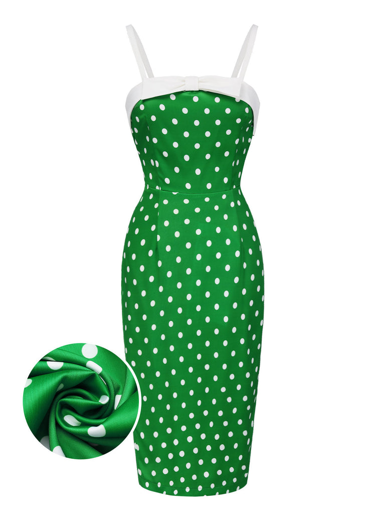 [Pré-vente] Robe crayon à pois verte avec nœud des années 1960