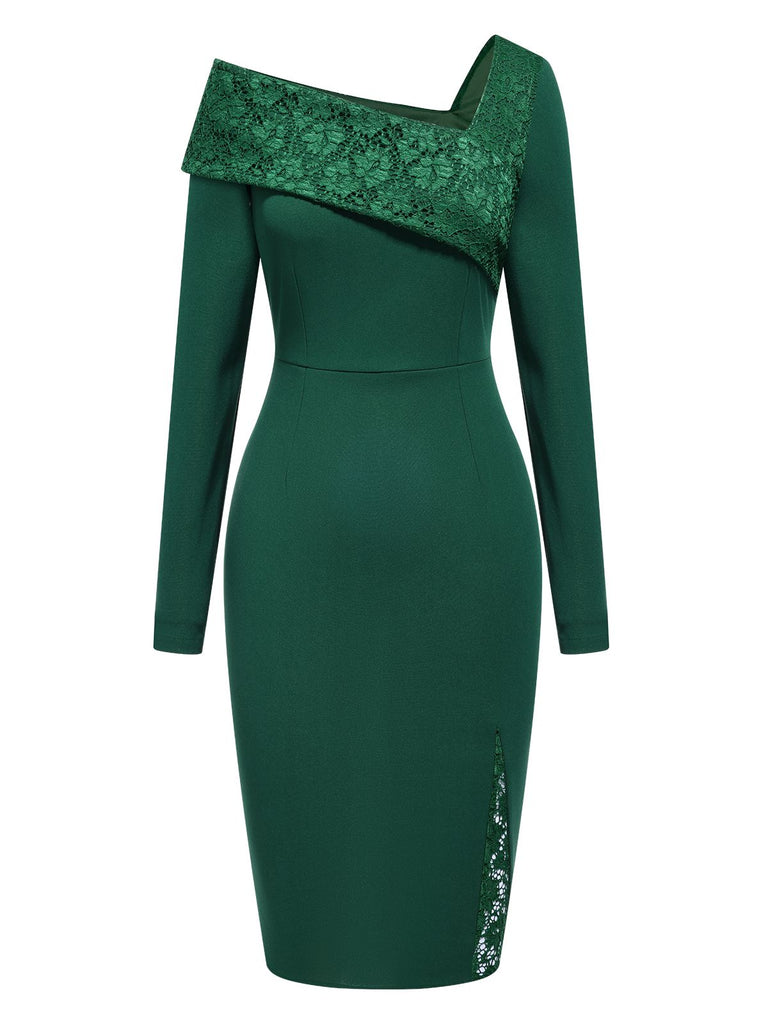 [Pré-vente] Robe moulante à une épaule en dentelle vert foncé des années 1960