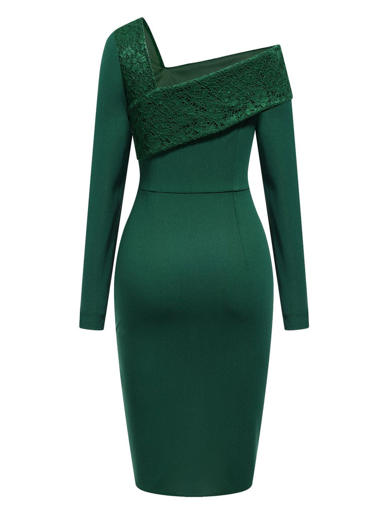 [Pré-vente] Robe moulante à une épaule en dentelle vert foncé des années 1960