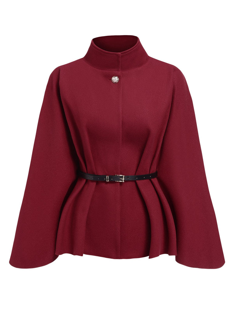 Manteau cape uni ceinturé rouge vin des années 1960