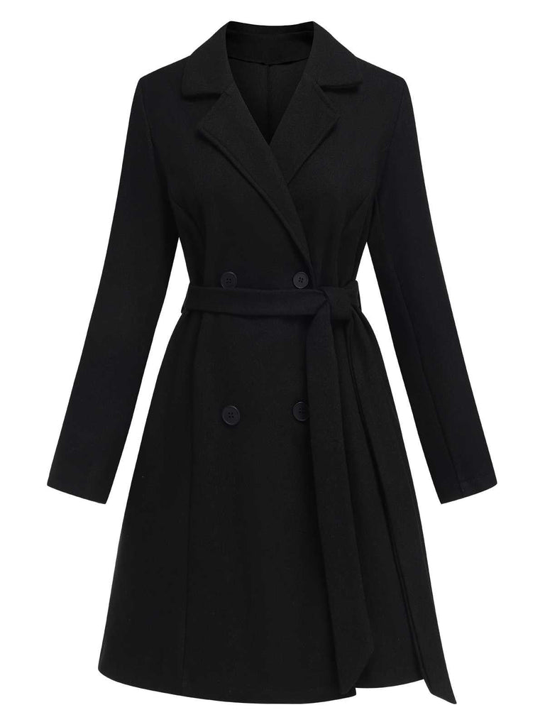 Manteau noir uni à double boutonnage et ceinture des années 1940