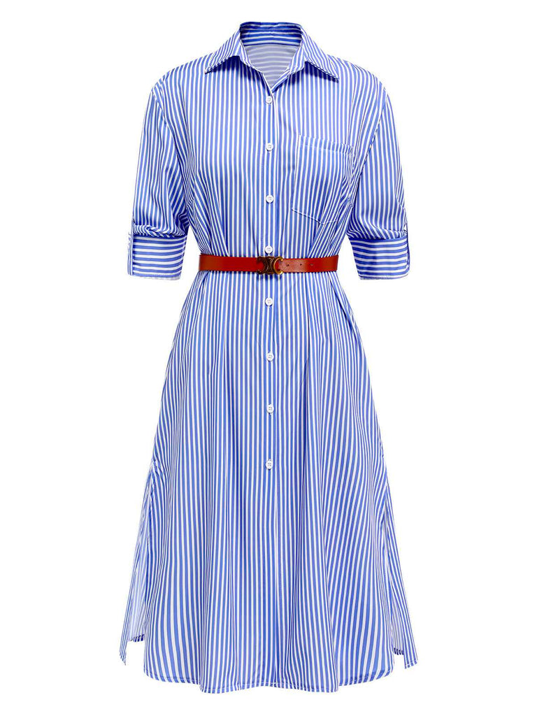 Robe chemise rayée bleue à manches retroussées des années 40